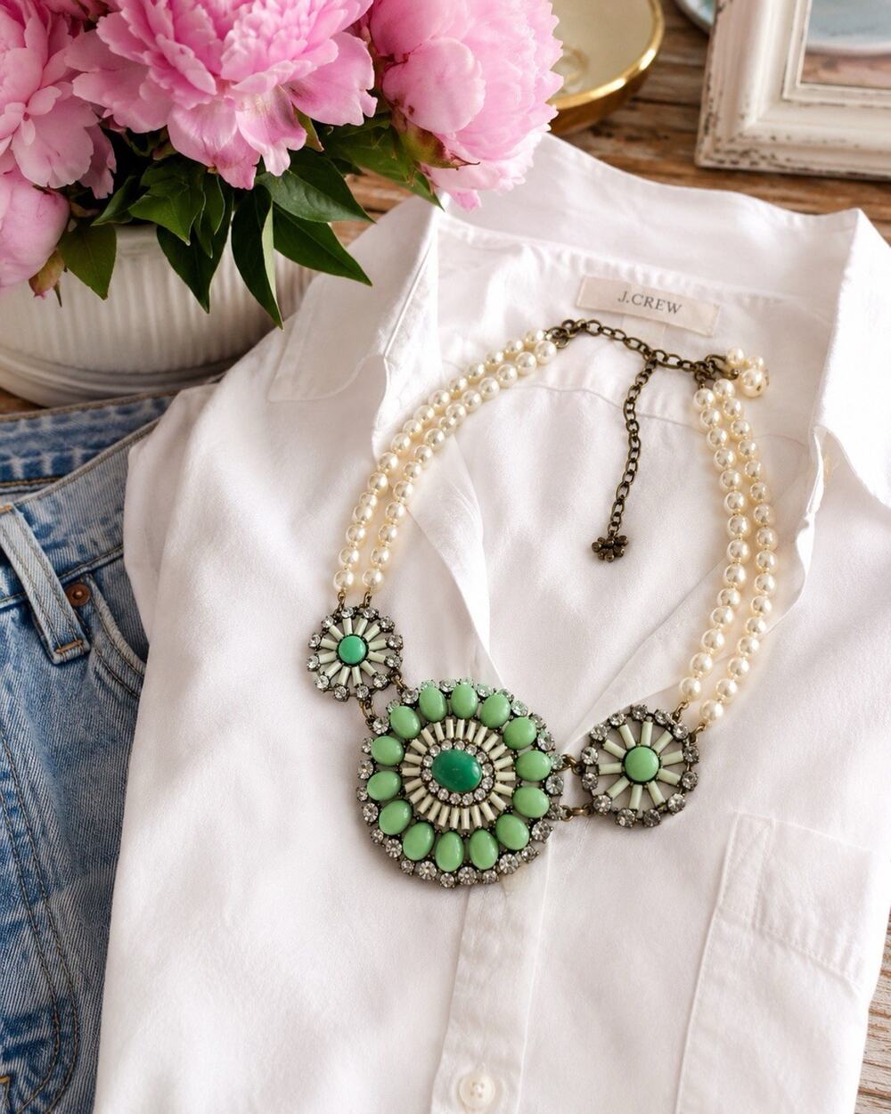 J. Crew Mint Green Rhinestone Faux Pearl Statement Necklace Bib Collar
